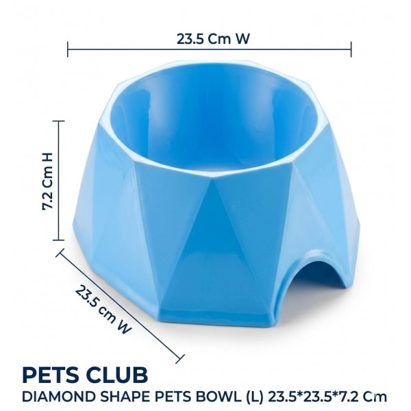 PETS CLUB Diamond Shape Pet Bowl (Large) 23.5×23.5×7.2 cm – Durable Modern Blue Food & Water Feeding Dish for Dogs & Cats
