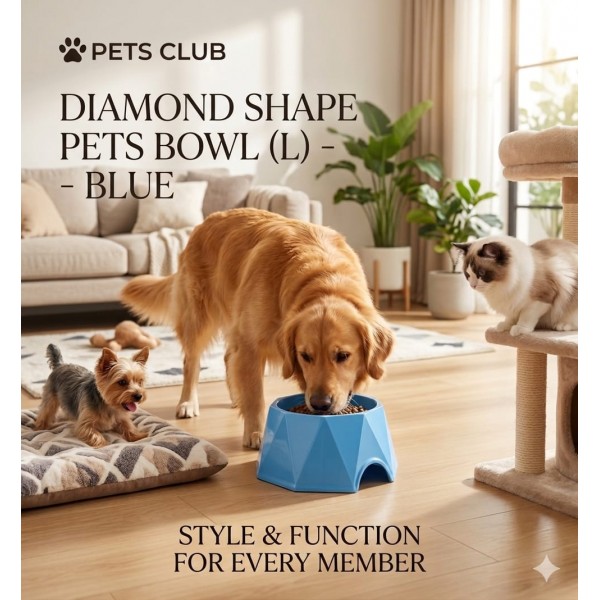 PETS CLUB Diamond Shape Pet Bowl (Large) 23.5×23.5×7.2 cm – Durable Modern Blue Food & Water Feeding Dish for Dogs & Cats