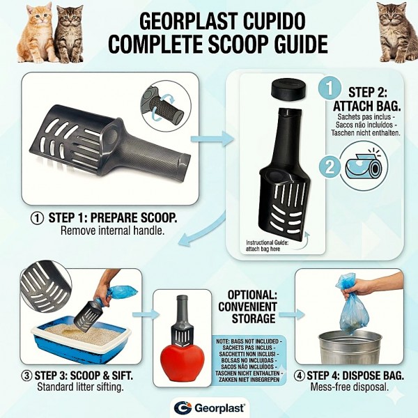 Georplast Cupido Cat Litter Scoop Set – Gray Color with Heart-Shaped Holder – Premium Durable Ergonomic Litter Scoop – Hygienic Cat Litter Cleaning Tool – Stylish Italian Made Design (Bags Not Included)