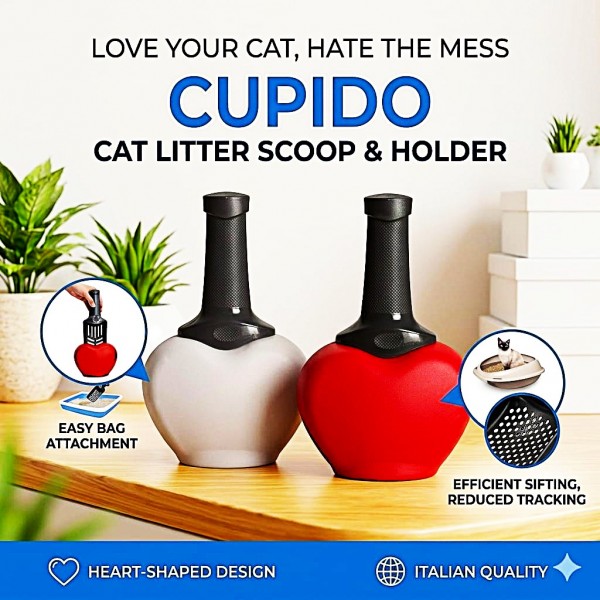Georplast Cupido Cat Litter Scoop Set – Gray Color with Heart-Shaped Holder – Premium Durable Ergonomic Litter Scoop – Hygienic Cat Litter Cleaning Tool – Stylish Italian Made Design (Bags Not Included)