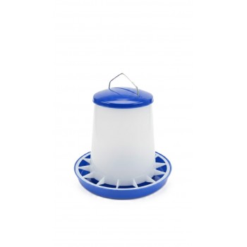 1kg Plastic Chicken Feeder, Blue and White Color - Gravity-Fed Poultry Feeder with Feed Saver Ring, Lid and Carry Handle