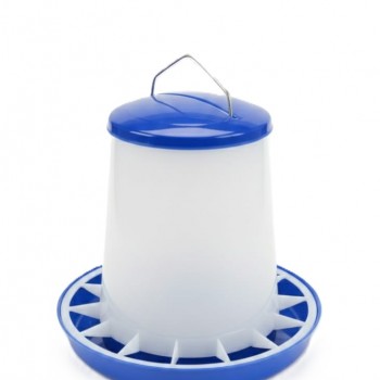 1kg Plastic Chicken Feeder, Blue and White Color - Gravity-Fed Poultry Feeder with Feed Saver Ring, Lid and Carry Handle