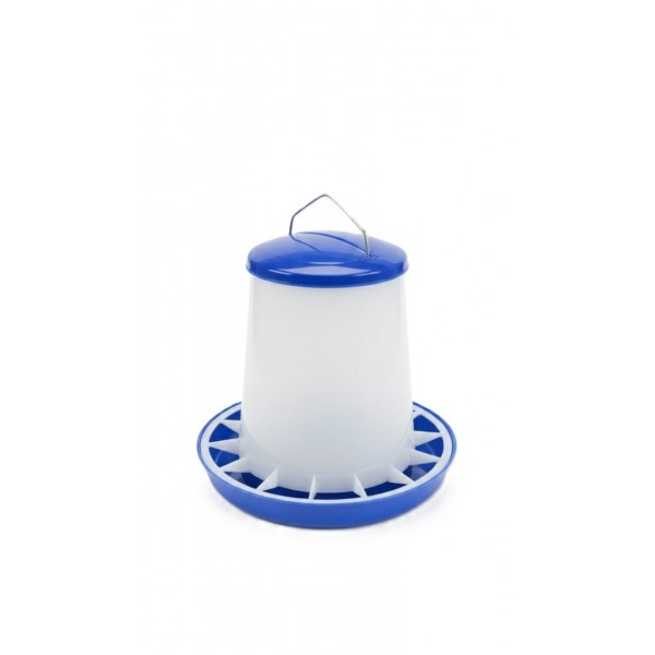 1kg Plastic Chicken Feeder, Blue and White Color - Gravity-Fed Poultry Feeder with Feed Saver Ring, Lid and Carry Handle