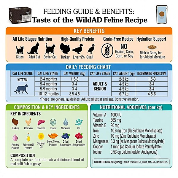 Taste of the Wild Lowland Creek Feline Recipe Wet Cat Food Chunks in Gravy with Turkey Chicken Duck Grain Free All Life Stages 85g x 12 Pouches