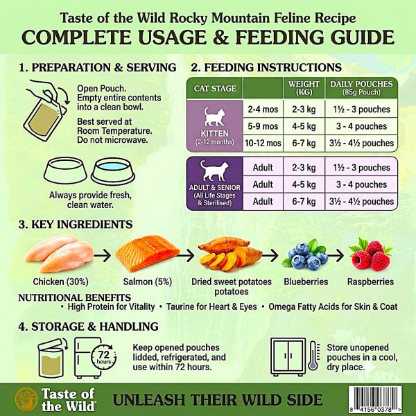 Taste of the Wild Rocky Mountain Feline Recipe Wet Cat Food 85g x 12 Pouches, Chunks in Gravy with Chicken and Salmon, Grain Free Complete Cat Food for Kittens, Adults, Seniors and Sterilized Cats Taste of the Wild Rocky Mountain Feline Recipe Wet Cat Food 85g x 12 Pouches, Chunks in Gravy with Chicken and Salmon, Grain Free Complete Cat Food for Kittens, Adults, Seniors and Sterilized Cats