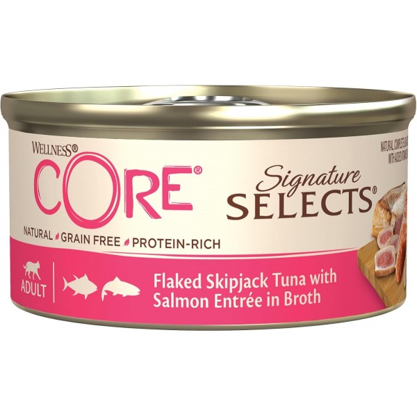 Wellness CORE Signature Selects Wet Cat Food 24 x 79 g – Tuna & Salmon Sliced in Sauce for Adult Cats – Grain Free, High Protein, Hypoallergenic, Natural, Sugar & Cereal Free Complete Balanced Meal