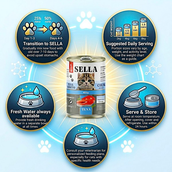 Sella Tuna Bonito Chunks Adult Cat Wet Food 400g x 12 Cans, Tuna Fish Recipe with Taurine and Vitamins A D3 E, Moisture-Rich Canned Food for Adult Cats, Made in Turkey