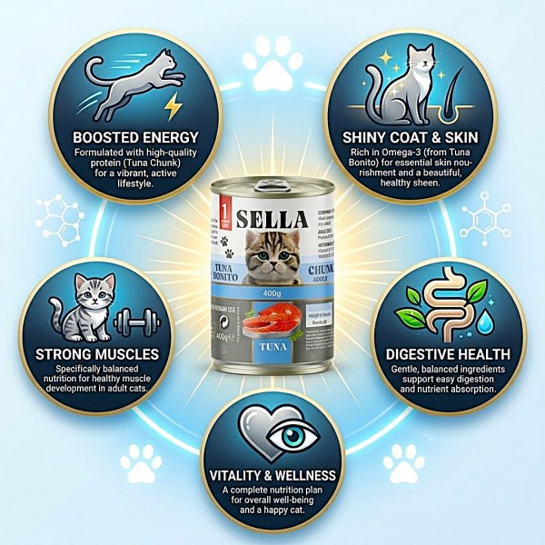 Sella Tuna Bonito Chunks Adult Cat Wet Food 400g x 12 Cans, Tuna Fish Recipe with Taurine and Vitamins A D3 E, Moisture-Rich Canned Food for Adult Cats, Made in Turkey
