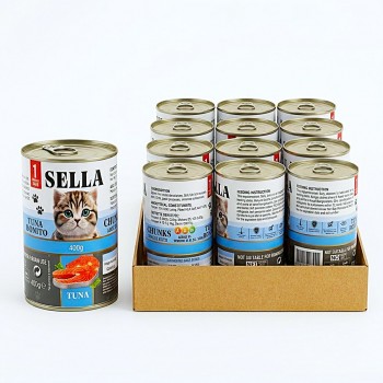 Sella Tuna Bonito Chunks Adult Cat Wet Food 400g x 12 Cans, Tuna Fish Recipe with Taurine and Vitamins A D3 E, Moisture-Rich Canned Food for Adult Cats, Made in Turkey