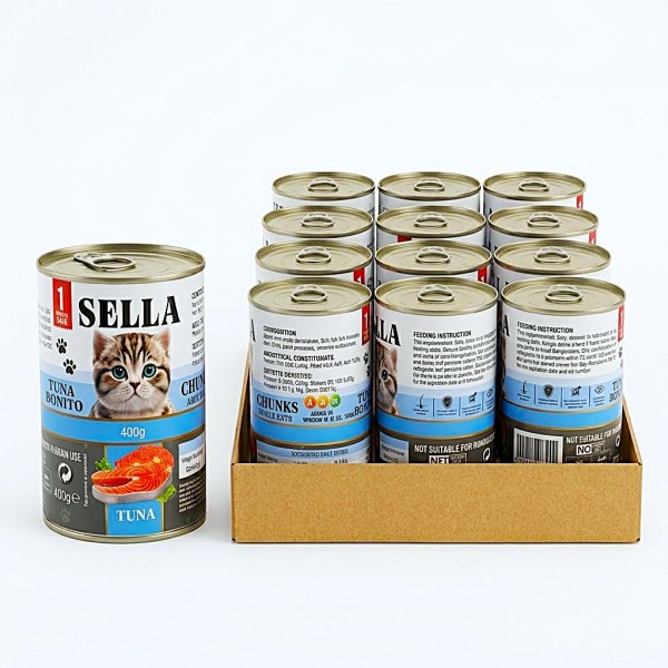 Sella Tuna Bonito Chunks Adult Cat Wet Food 400g x 12 Cans, Tuna Fish Recipe with Taurine and Vitamins A D3 E, Moisture-Rich Canned Food for Adult Cats, Made in Turkey