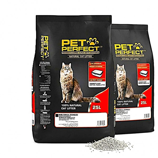 Pet Perfect Premium White Bentonite Clumping Cat Litter 25L (20kg) x 2 Bags – Ultra Absorbent, Instant Clumping, 99.5% Low Dust, Odour Control, Natural Unscented Cat Litter (50L Total)
