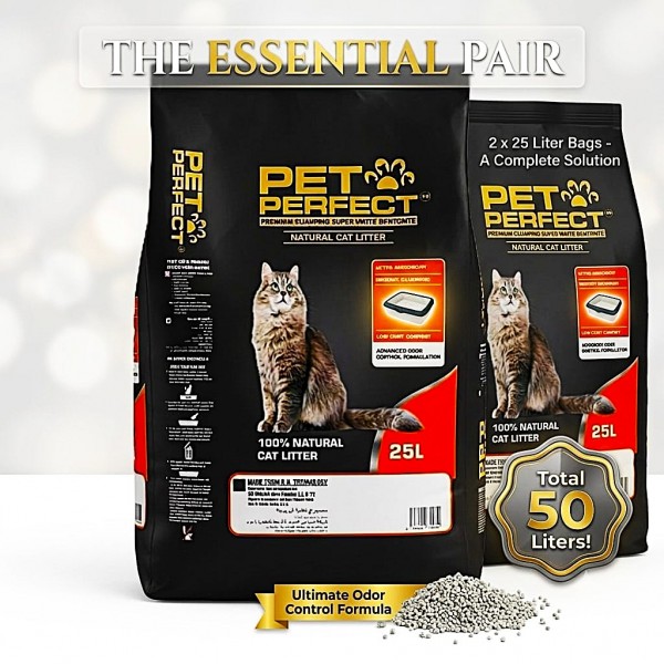 Pet Perfect Premium White Bentonite Clumping Cat Litter 25L (20kg) x 2 Bags – Ultra Absorbent, Instant Clumping, 99.5% Low Dust, Odour Control, Natural Unscented Cat Litter (50L Total)