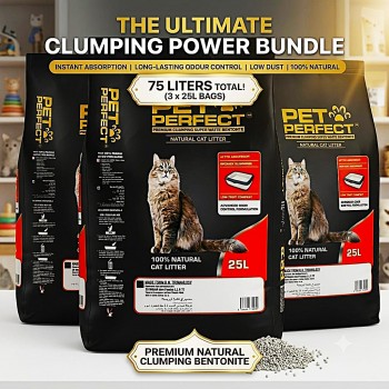 Pet Perfect Premium White Bentonite Clumping Cat Litter 25L (20kg) x 3 Bags – Ultra Absorbent, Instant Clumping, 99.5% Low Dust, Odour Control, Natural Unscented Cat Litter (75L Total)