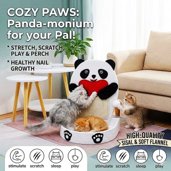 Cozy Paws Panda Shape Cat Scratching Board with Sisal Rope & Scratching Pad, Multi-Functional Cat Scratcher with Plush Flannel Base, Climbing & Resting Station (41×33×62 cm)