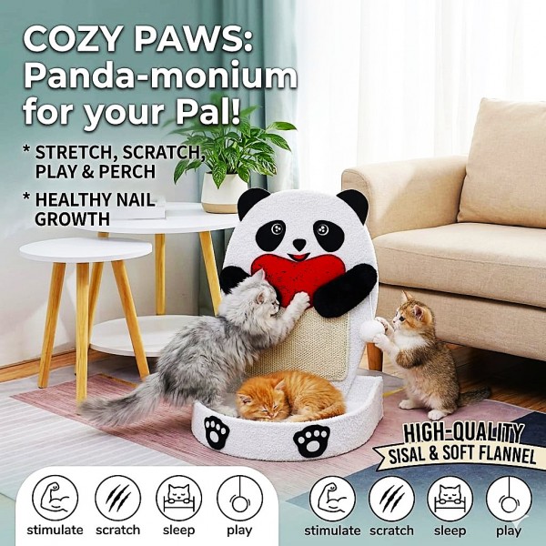 Cozy Paws Panda Shape Cat Scratching Board with Sisal Rope & Scratching Pad, Multi-Functional Cat Scratcher with Plush Flannel Base, Climbing & Resting Station (41×33×62 cm)