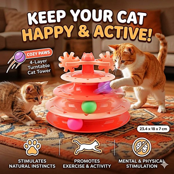 Cozy Paws 4-Layer Turntable Cat Tower Toy – Interactive Orange Cat Toy with 4-Level Spinning Ball Track, Mental & Physical Exercise Activity Center for Kittens & Adult Cats, Indoor Enrichment Toy (23.4×23.4×18 cm, No Spring)