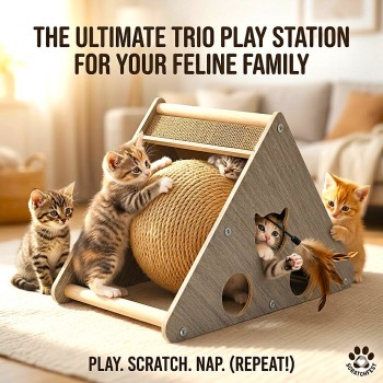 Cozy Paws Multi-Functional Triangle Cat Scratcher House with Sisal Ball Toy, Corrugated Cardboard Scratch Pad & Interactive Play Tunnel for Kittens and Adult Cats, 36 x 16 x 20 cm