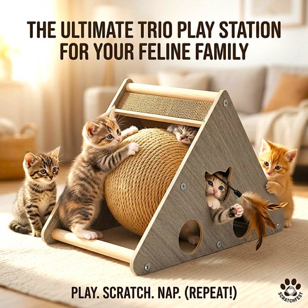 Cozy Paws Multi-Functional Triangle Cat Scratcher House with Sisal Ball Toy, Corrugated Cardboard Scratch Pad & Interactive Play Tunnel for Kittens and Adult Cats, 36 x 16 x 20 cm