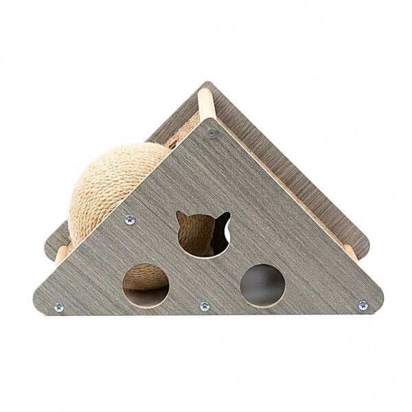 Cozy Paws Multi-Functional Triangle Cat Scratcher House with Sisal Ball Toy, Corrugated Cardboard Scratch Pad & Interactive Play Tunnel for Kittens and Adult Cats, 36 x 16 x 20 cm