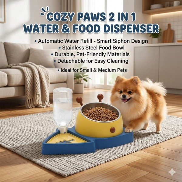 Cozy Paws 2-in-1 Pet Food and Water Dispenser – Stainless Steel Bowl with Automatic Water Refill System, Smart Siphon Design, 31.5 x 20 x 17 cm, Blue & Yellow, Easy Clean Feeding Station for Small & Medium Dogs & Cats