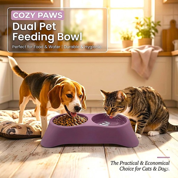 Cozy Paws Dual Pet Feeding Bowl for Cats & Dogs – Durable Plastic Twin Food & Water Dish – Lightweight, Easy Clean, Portable Pet Feeding Bowl – Purple – 28.5 x 16 x 5.5 cm