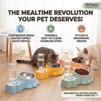 Cozy Paws Automatic Dual Pet Feeder & Water Dispenser (32×20.8×9.2 cm) – Yellow | 2-in-1 Cat & Small Dog Feeding Station with Stainless Steel Bowl | Hygienic Anti-Spill Smart Pet Food & Water Bowl System