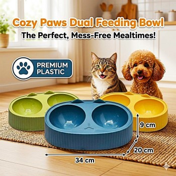 Cozy Paws Dual Feeding Bowl Green 34x20x9cm Large Double Cat & Dog Food and Water Station Non Toxic Durable Plastic Pet Feeder Mess Free Ribbed Anti Slip Design Easy Clean Dishwasher Safe Stylish Modern Pet Bowl for Cats Small Dogs Home Use