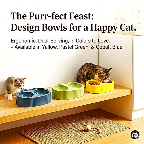 Cozy Paws Dual Feeding Bowl Blue 34x20x9cm Large Double Cat & Dog Food Water Station Non Toxic Durable Plastic Pet Feeder Mess Free Ribbed Anti Slip Design Easy Clean Dishwasher Safe Modern Stylish Pet Bowl for Cats Small Dogs Home Use