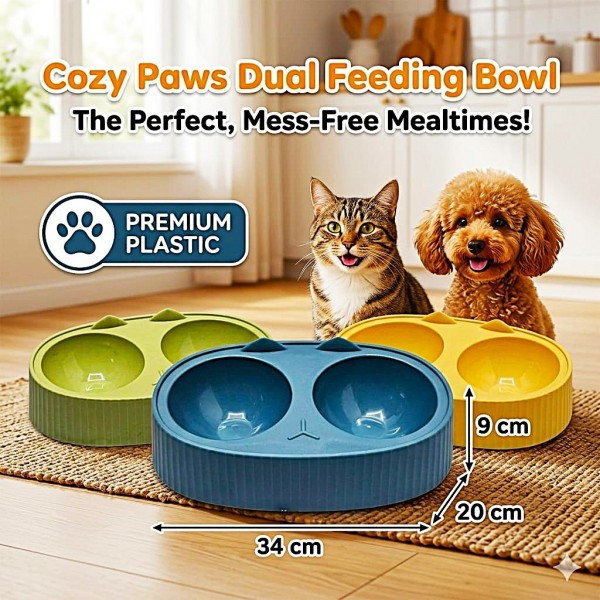 Cozy Paws Dual Feeding Bowl Yellow 34x20x9cm Large Double Cat & Dog Food Water Station Non Toxic Durable Plastic Pet Feeder Mess Free Ribbed Anti Slip Design Easy Clean Dishwasher Safe Bright Modern Stylish Pet Bowl for Cats Small Dogs Home Use