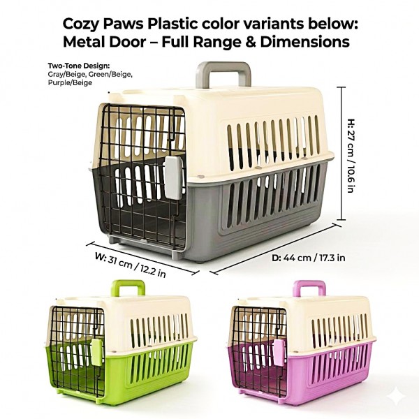 Cozy Paws Premium Plastic Pet Carrier – Gray with Beige Top, Secure Metal Door Travel Crate for Small Pets – 44 x 31 x 27 cm, Durable Ventilated Portable Carrier