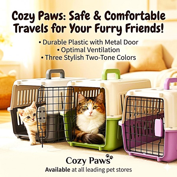 Cozy Paws Premium Plastic Pet Carrier – Gray with Beige Top, Secure Metal Door Travel Crate for Small Pets – 44 x 31 x 27 cm, Durable Ventilated Portable Carrier