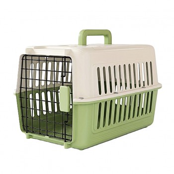 Cozy Paws Premium Plastic Pet Carrier – Green with Beige Top, Secure Metal Door Travel Crate for Small Pets – 44 x 31 x 27 cm, Durable Ventilated Portable Carrier