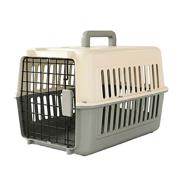 Cozy Paws Premium Plastic Pet Carrier – Gray with Beige Top, Secure Metal Door Travel Crate for Small Pets – 44 x 31 x 27 cm, Durable Ventilated Portable Carrier