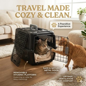 Cozy Paws Plastic Pet Carrier with Metal Door 44×31×27cm Black Premium Travel Crate for Cats Small Pets Hygienic Ventilated Carrier
