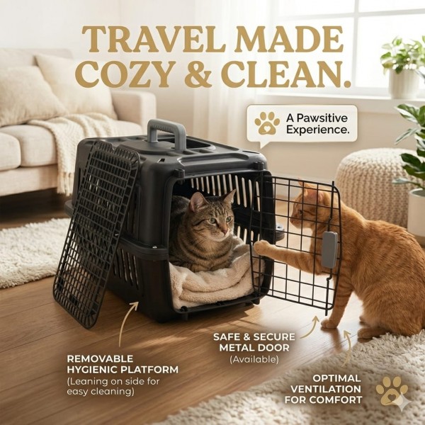 Cozy Paws Plastic Pet Carrier with Metal Door 44×31×27cm Black Premium Travel Crate for Cats Small Pets Hygienic Ventilated Carrier
