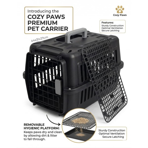 Cozy Paws Plastic Pet Carrier with Metal Door 44×31×27cm Black Premium Travel Crate for Cats Small Pets Hygienic Ventilated Carrier