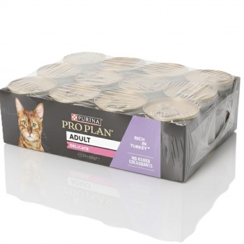 Purina Pro Plan Adult Delicate Digestion Wet Cat Food – Turkey Mousse, 85g x 24 Cans, Sensitive Stomach Support, High Digestibility, Prebiotics & Omega-3 for Skin & Coat Health
