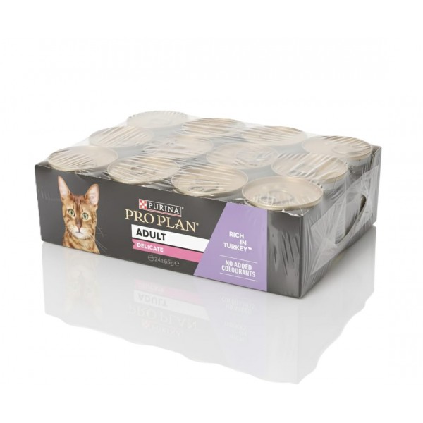 Purina Pro Plan Adult Delicate Digestion Wet Cat Food – Turkey Mousse, 85g x 24 Cans, Sensitive Stomach Support, High Digestibility, Prebiotics & Omega-3 for Skin & Coat Health