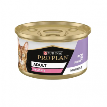 Purina Pro Plan Adult Delicate Digestion Wet Cat Food – Turkey Mousse, 85g x 24 Cans, Sensitive Stomach Support, High Digestibility, Prebiotics & Omega-3 for Skin & Coat Health