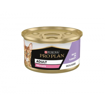 Purina Pro Plan Adult Delicate Digestion Wet Cat Food – Turkey Mousse, 85g x 24 Cans, Sensitive Stomach Support, High Digestibility, Prebiotics & Omega-3 for Skin & Coat Health