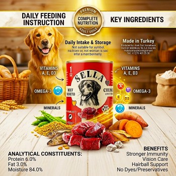 SELLA Adult Dog Wet Food Beef & Bonito Chunks in Gravy 400g Can, with Vitamins A D3 & E, Moisture-Rich Canned Dog Food for Adult Dogs, Made in Turkey