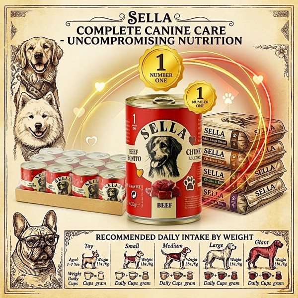 SELLA Adult Dog Wet Food Beef & Bonito Chunks 400g x 12 Cans – Complete Wet Dog Food with Vitamins A, D3 & E, Made in Turkey SELLA Adult Dog Wet Food Beef & Bonito Chunks 400g x 12 Cans – Complete Wet Dog Food with Vitamins A, D3 & E, Made in Turkey