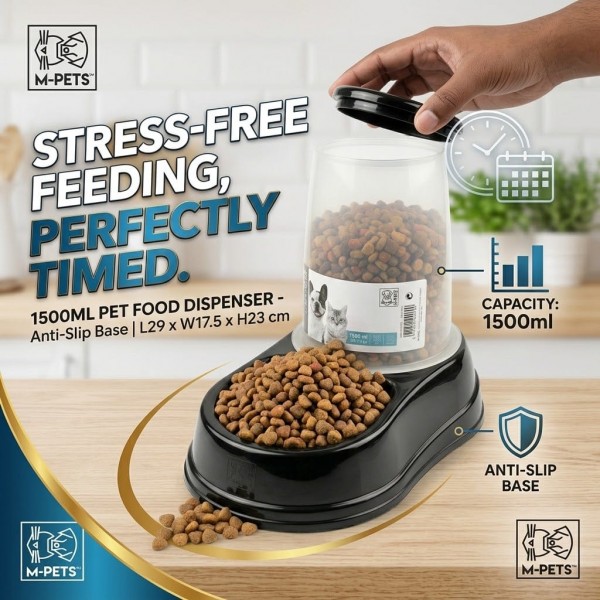 M-Pets Automatic Pet Food Dispenser 1500ml – Anti-Slip Dry Food Storage Feeder for Cats & Small to Medium Dogs – Durable Compact Pet Feeding Station 29 x 17.5 x 23 cm