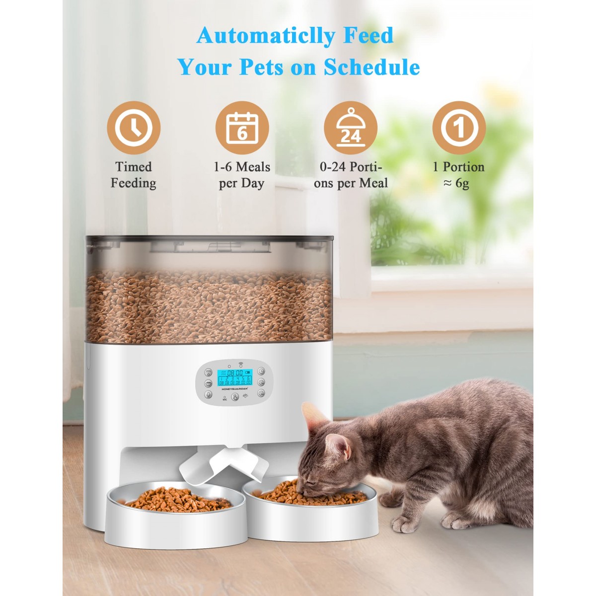 HoneyGuaridan Smart Wi-Fi Cat Feeder 4.5L - APP Control, Voice Recorder, Desiccant Box, For 2 Cats