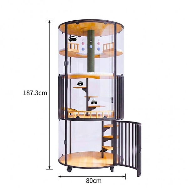Golden Cat Luxury Panoramic Glass Cat Villa & Indoor Cat House 80×80×188 cm | Premium Elm Wood Multi-Level Cat Cage Cabinet with Tempered Glass, Climbing Platforms, Soft Ladders & Scratching Areas