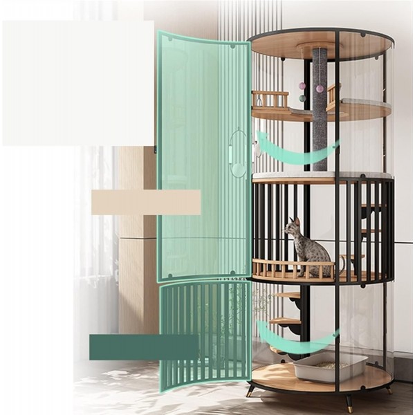 Golden Cat Luxury Panoramic Glass Cat Villa & Indoor Cat House 80×80×188 cm | Premium Elm Wood Multi-Level Cat Cage Cabinet with Tempered Glass, Climbing Platforms, Soft Ladders & Scratching Areas