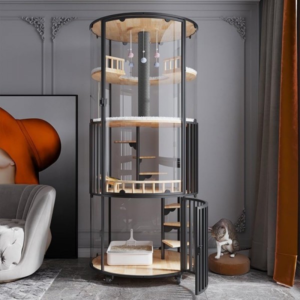 Golden Cat Luxury Panoramic Glass Cat Villa & Indoor Cat House 80×80×188 cm | Premium Elm Wood Multi-Level Cat Cage Cabinet with Tempered Glass, Climbing Platforms, Soft Ladders & Scratching Areas