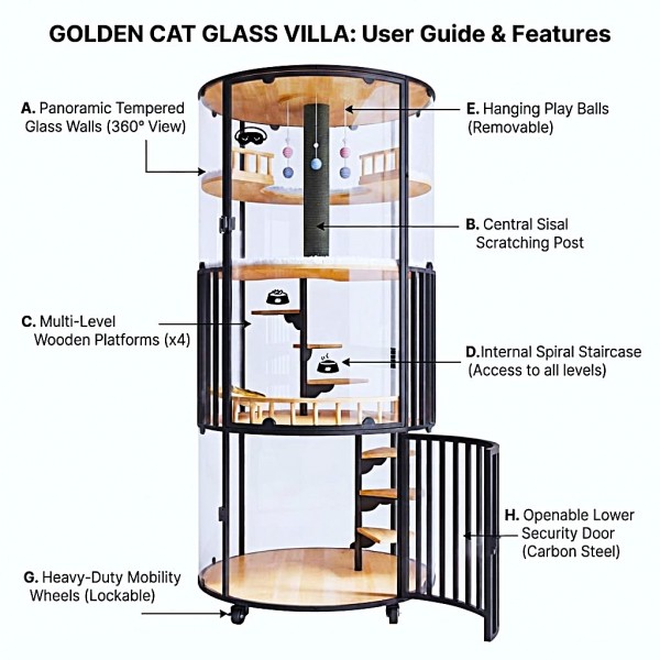 Golden Cat Luxury Panoramic Glass Cat Villa & Indoor Cat House 80×80×188 cm | Premium Elm Wood Multi-Level Cat Cage Cabinet with Tempered Glass, Climbing Platforms, Soft Ladders & Scratching Areas