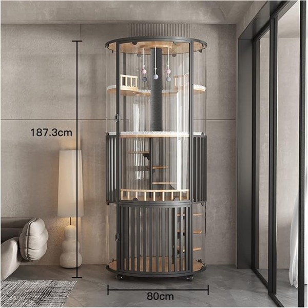 Golden Cat Luxury Panoramic Glass Cat Villa & Indoor Cat House 80×80×188 cm | Premium Elm Wood Multi-Level Cat Cage Cabinet with Tempered Glass, Climbing Platforms, Soft Ladders & Scratching Areas