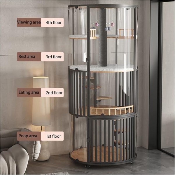 Golden Cat Luxury Panoramic Glass Cat Villa & Indoor Cat House 80×80×188 cm | Premium Elm Wood Multi-Level Cat Cage Cabinet with Tempered Glass, Climbing Platforms, Soft Ladders & Scratching Areas
